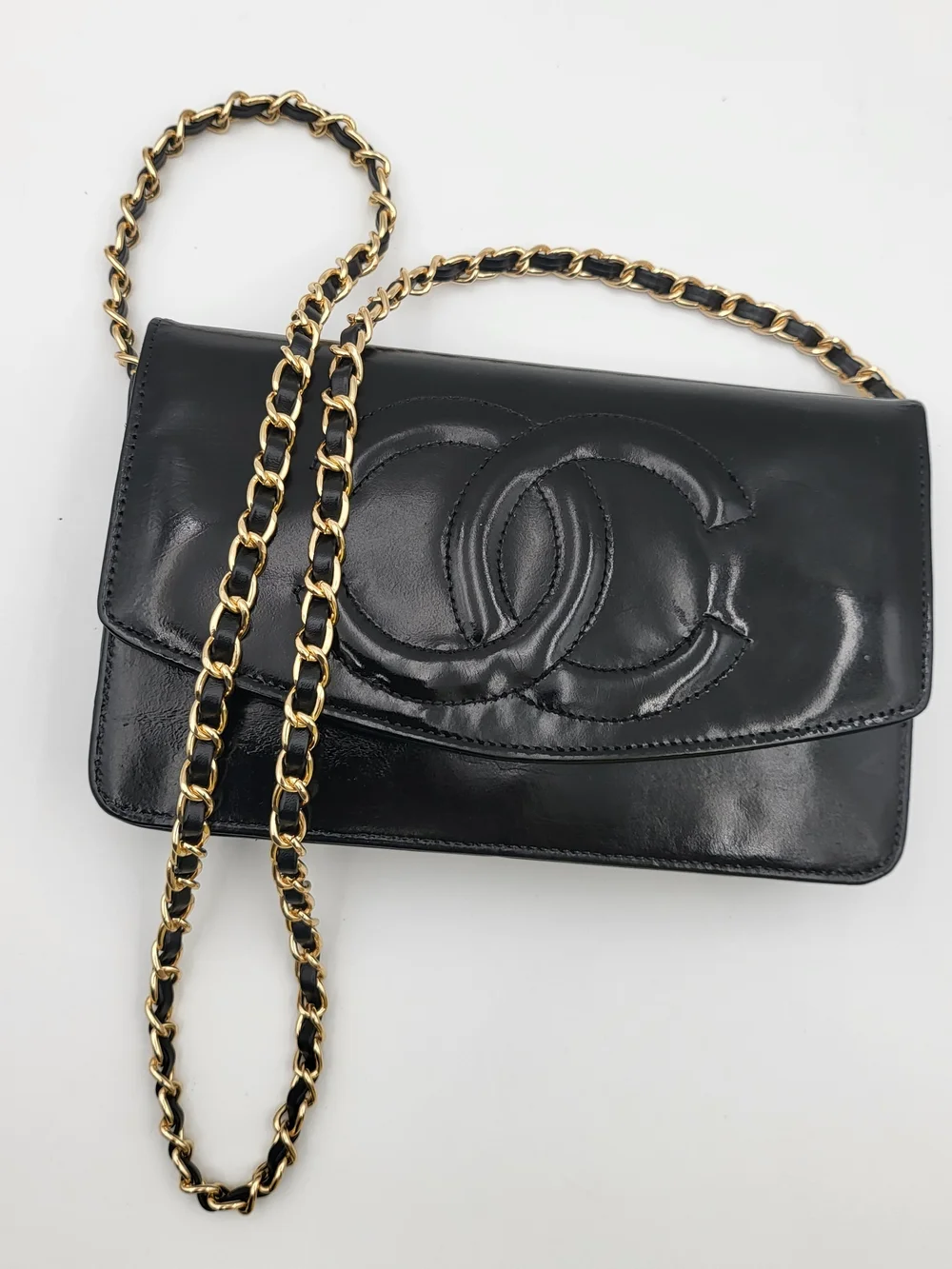 CHANEL Patent Lambskin Leather Timeless CC Wallet On Chain WOC, Authentic..